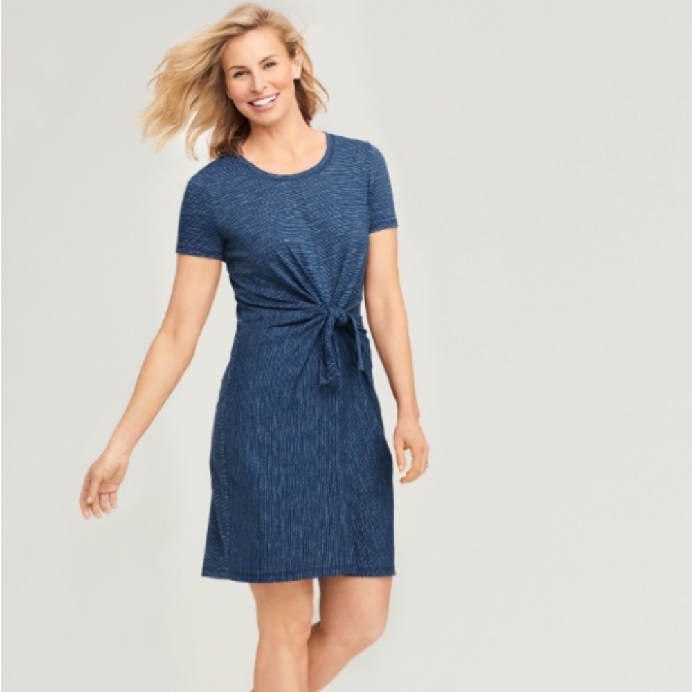 TALBOTS Front Tie T-Shirt Dress Alameda Navy Stripe Cotton Blend Short Sleeve M